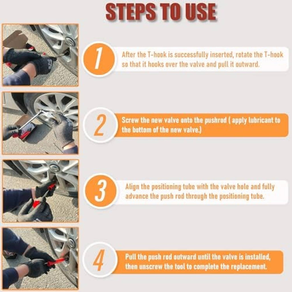 Instruction graphic for tire valve stem tool showing four installation steps on a wheel