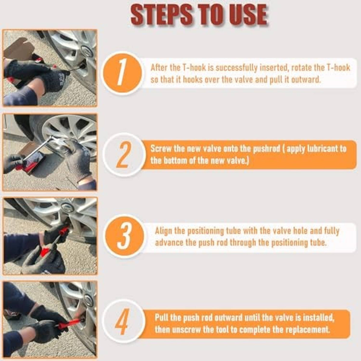Instruction graphic for tire valve stem tool showing four installation steps on a wheel
