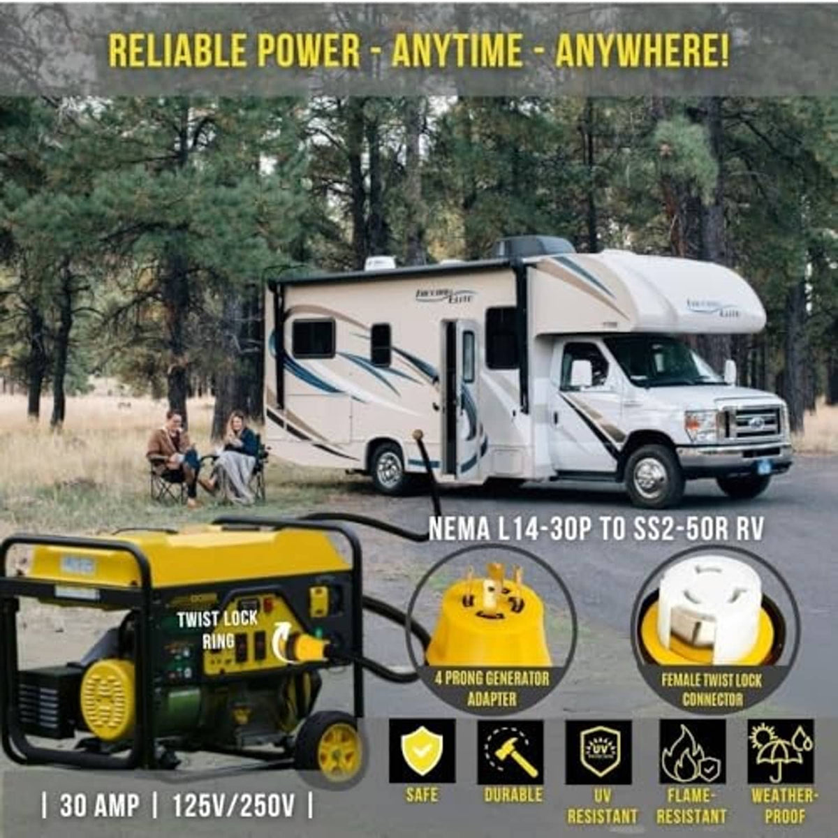 Yellow NEMA adapter plug with white twist-lock connector on an RV generator
