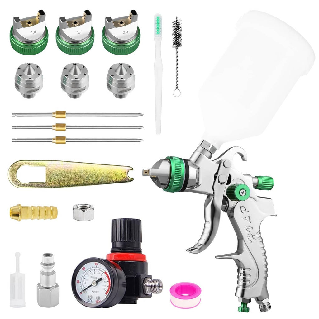 HVLP spray gun kit with green nozzles, pressure gauge, cups, fittings, brushes, and wrenches