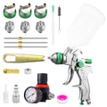 HVLP spray gun kit with green nozzles, pressure gauge, cups, fittings, brushes, and wrenches