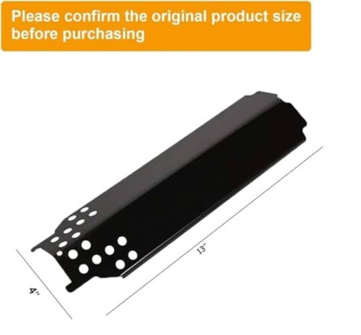 Black perforated burner heat shield bar with mounting holes, grill replacement part