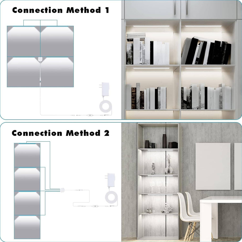 LED light connection method diagram with wiring and shelf light bar setup