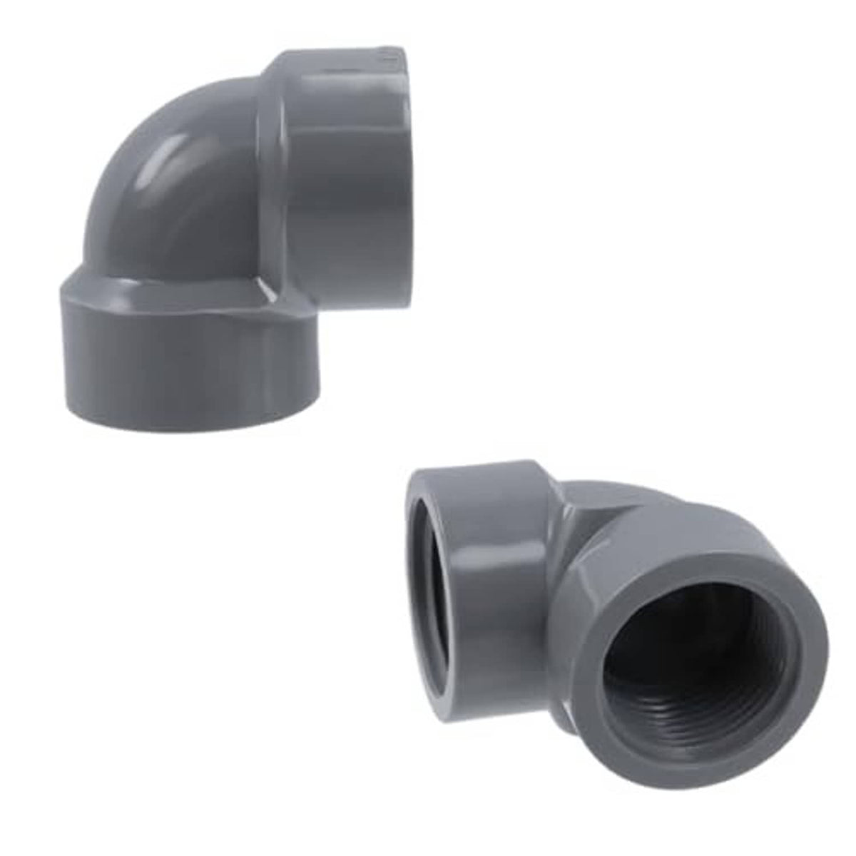 Gray PVC 90-degree elbow adapter, female threaded ports, angled view