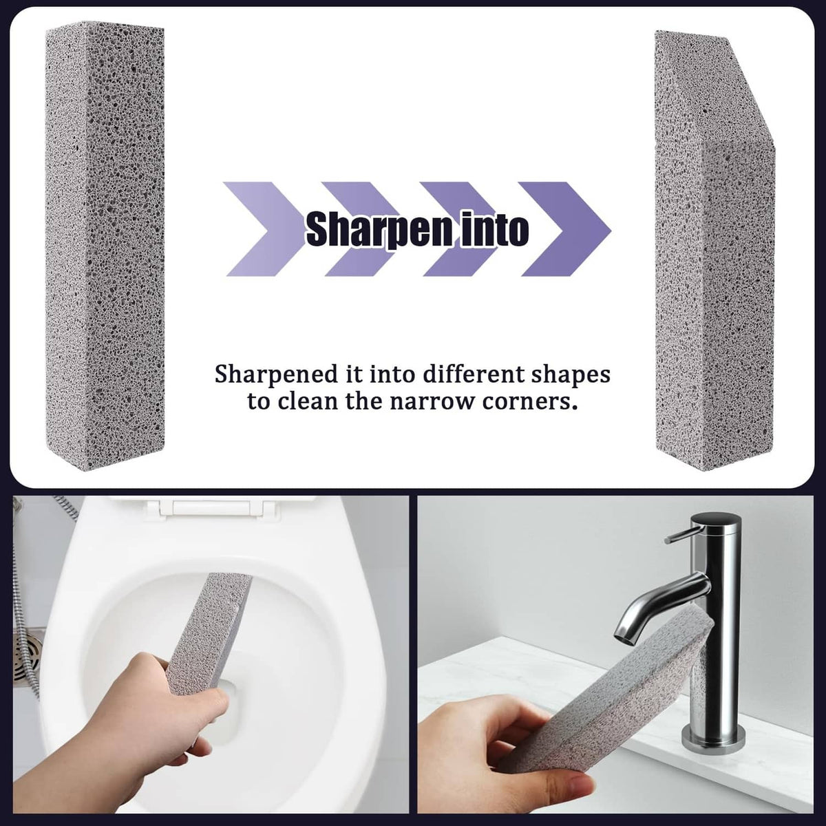 Toilet pumice stone stick with sharpened edges for cleaning narrow corners.