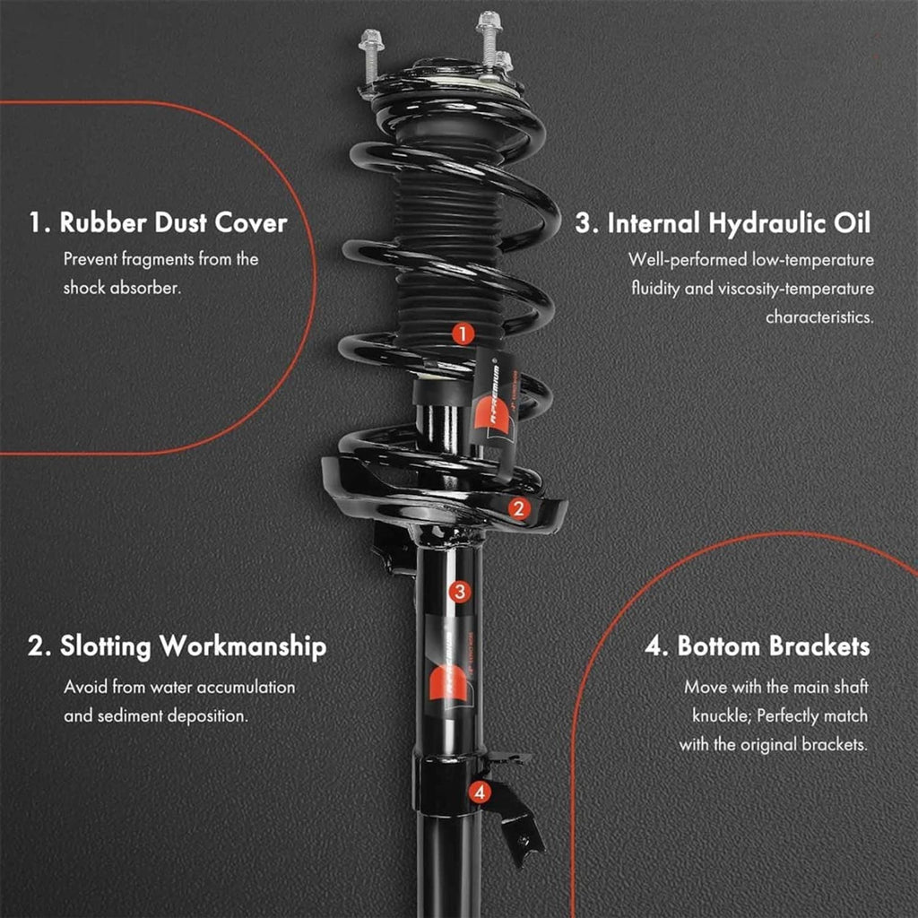 Black front shock absorber assembly with coil spring and internal component detail