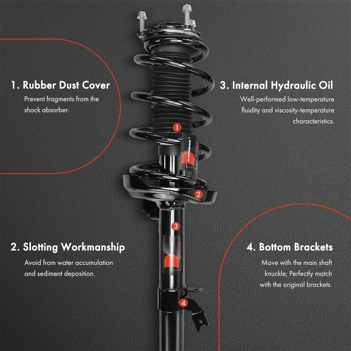 Black front shock absorber assembly with coil spring and internal component detail