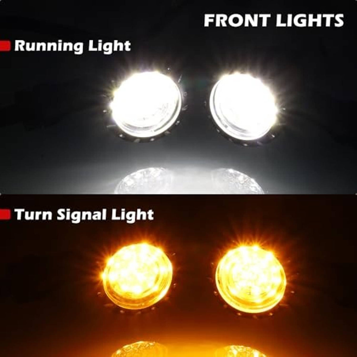 Pair of motorcycle front LED lights showing bright white running and amber turn signal
