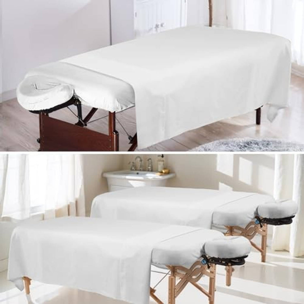 White fitted massage table sheet set on wooden massage table, full coverage