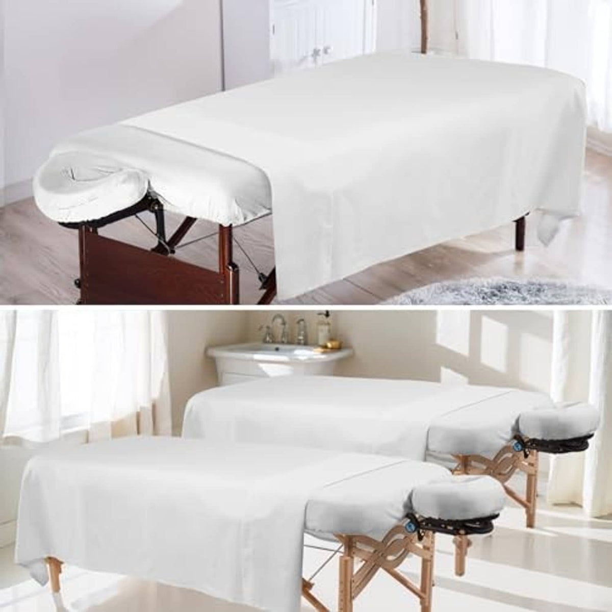 White fitted massage table sheet set on wooden massage table, full coverage