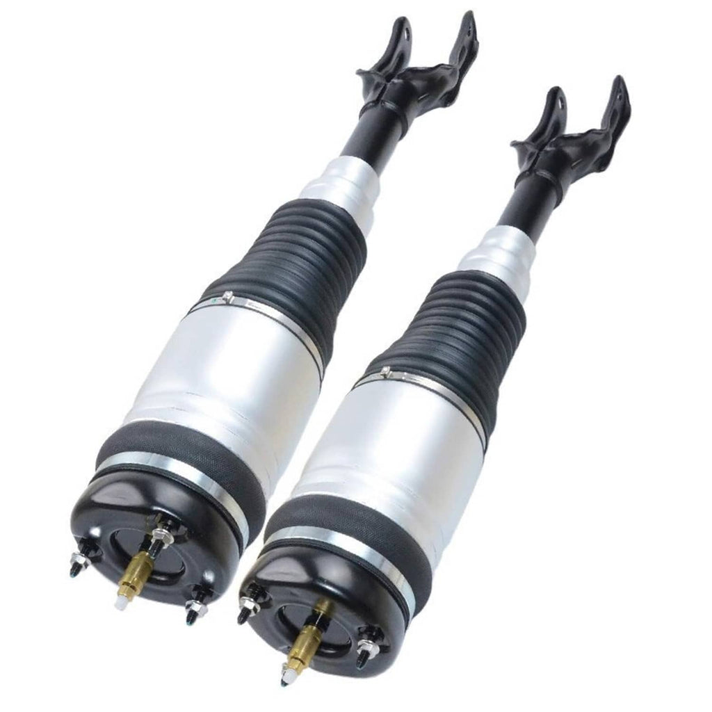 Pair of air suspension struts angled view, silver bodies with black rubber bellows