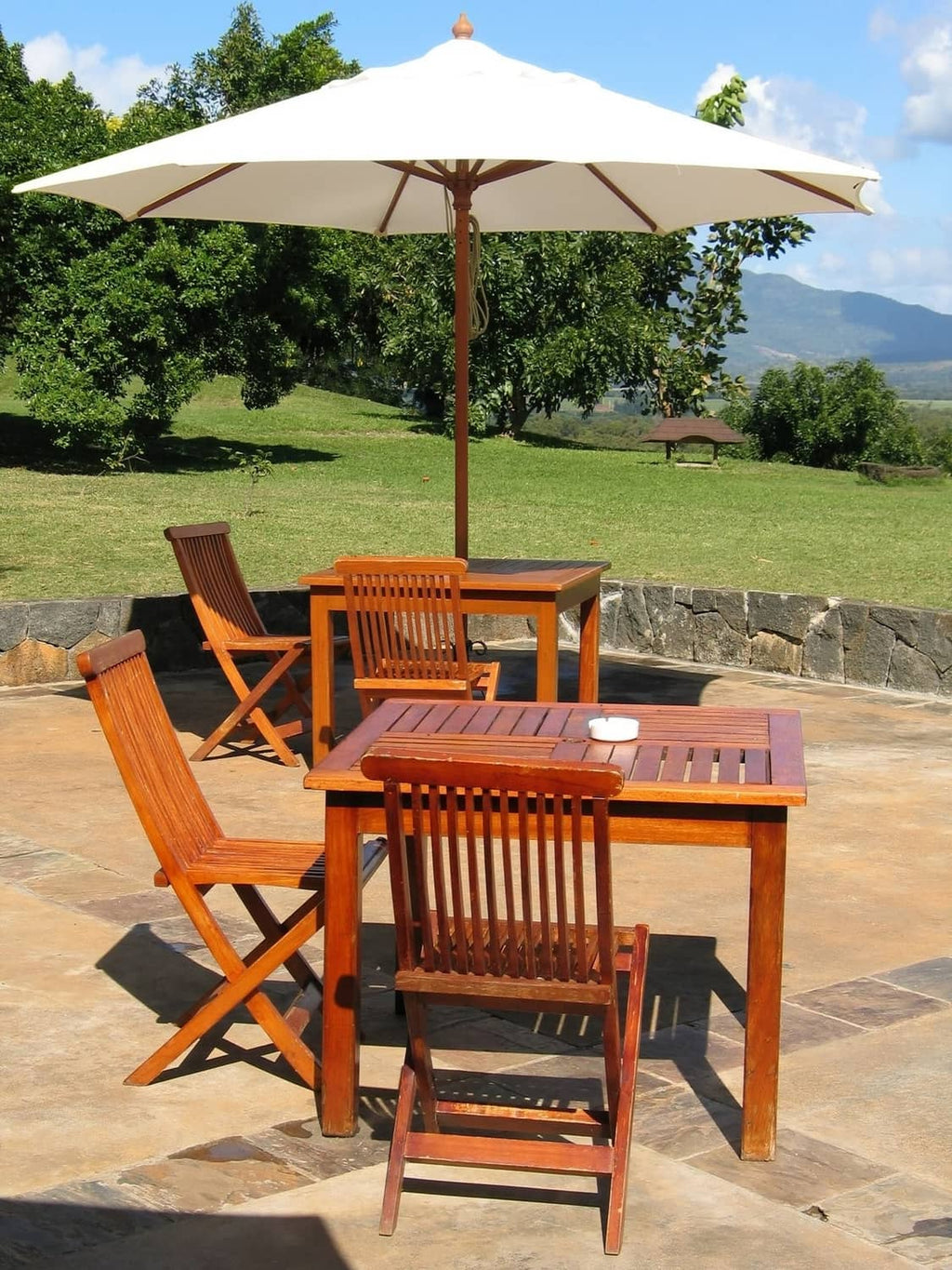 Wood patio table and chair set with glossy sealed finish