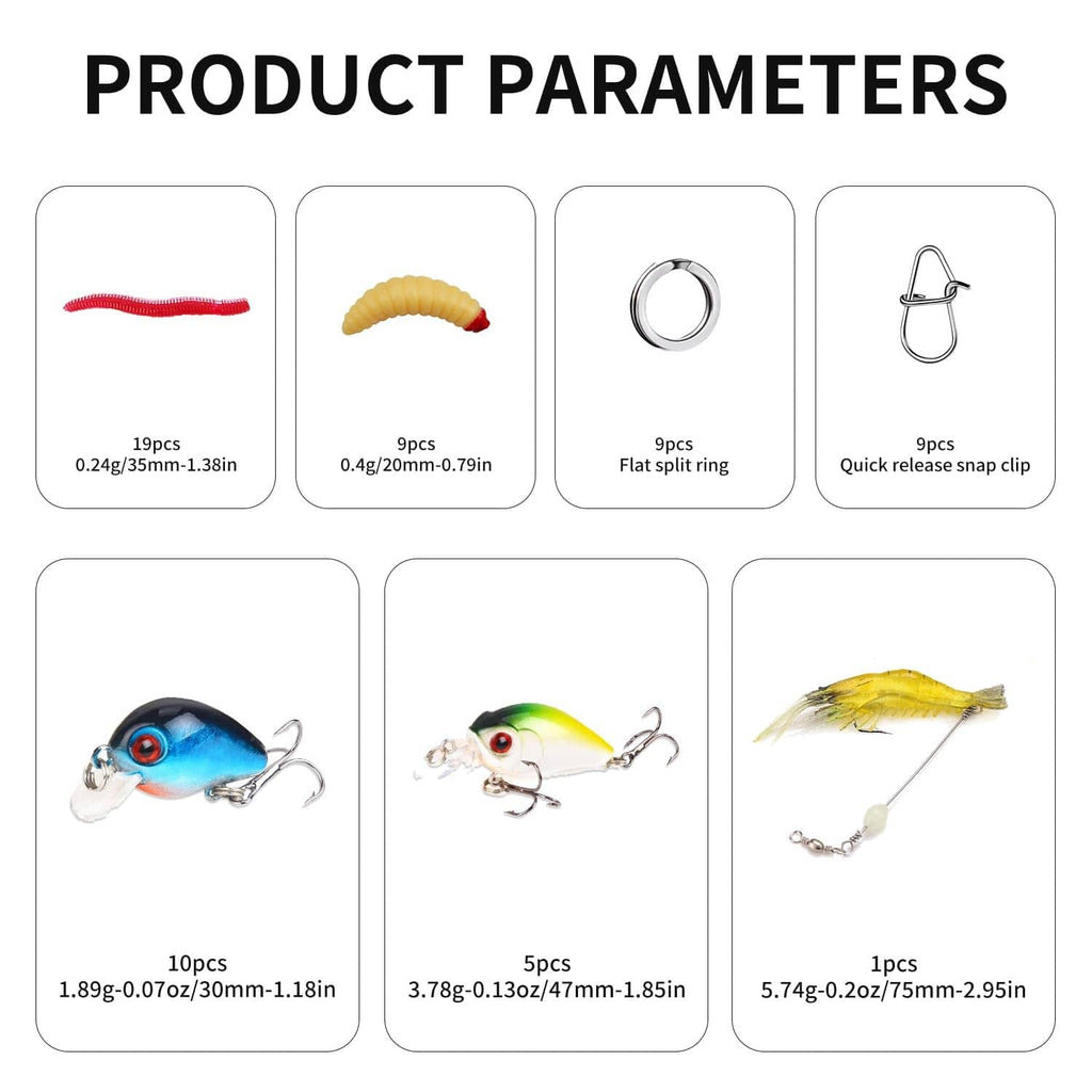 Fishing lure assortment with soft worm baits, minnow lures, split rings, and snap clips