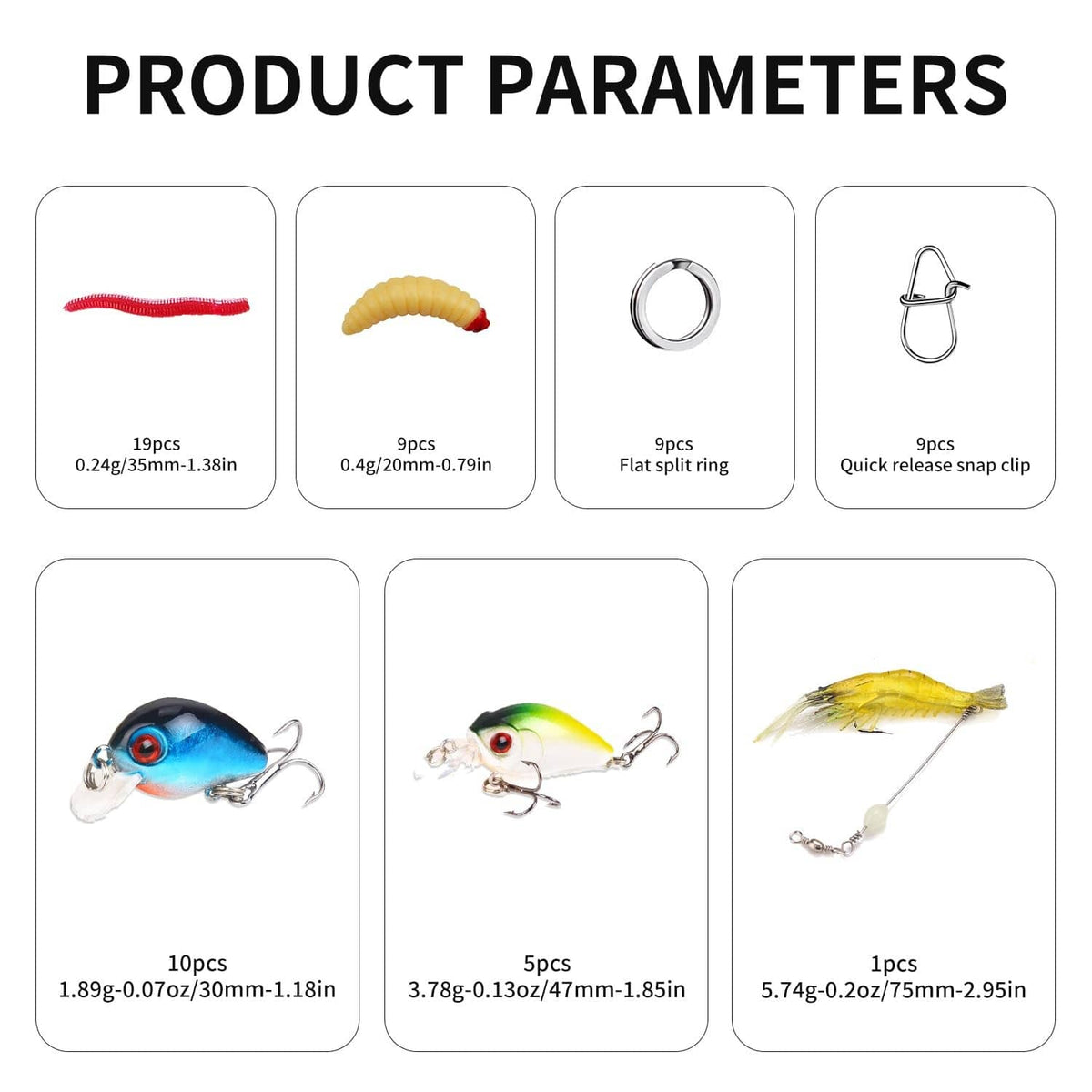 Fishing lure assortment with soft worm baits, minnow lures, split rings, and snap clips