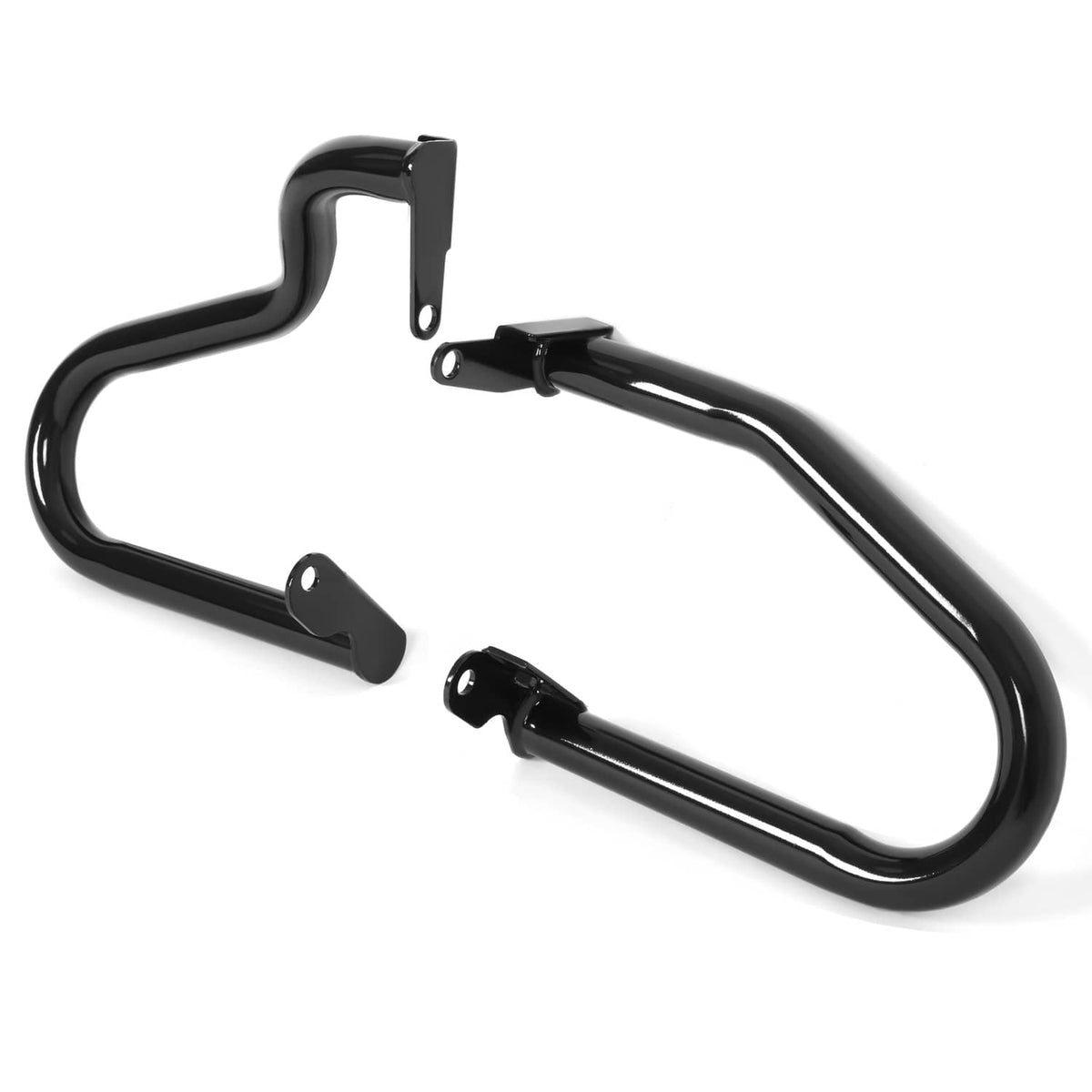 Black motorcycle crash bars with multiple brackets and mounting points; hardware included