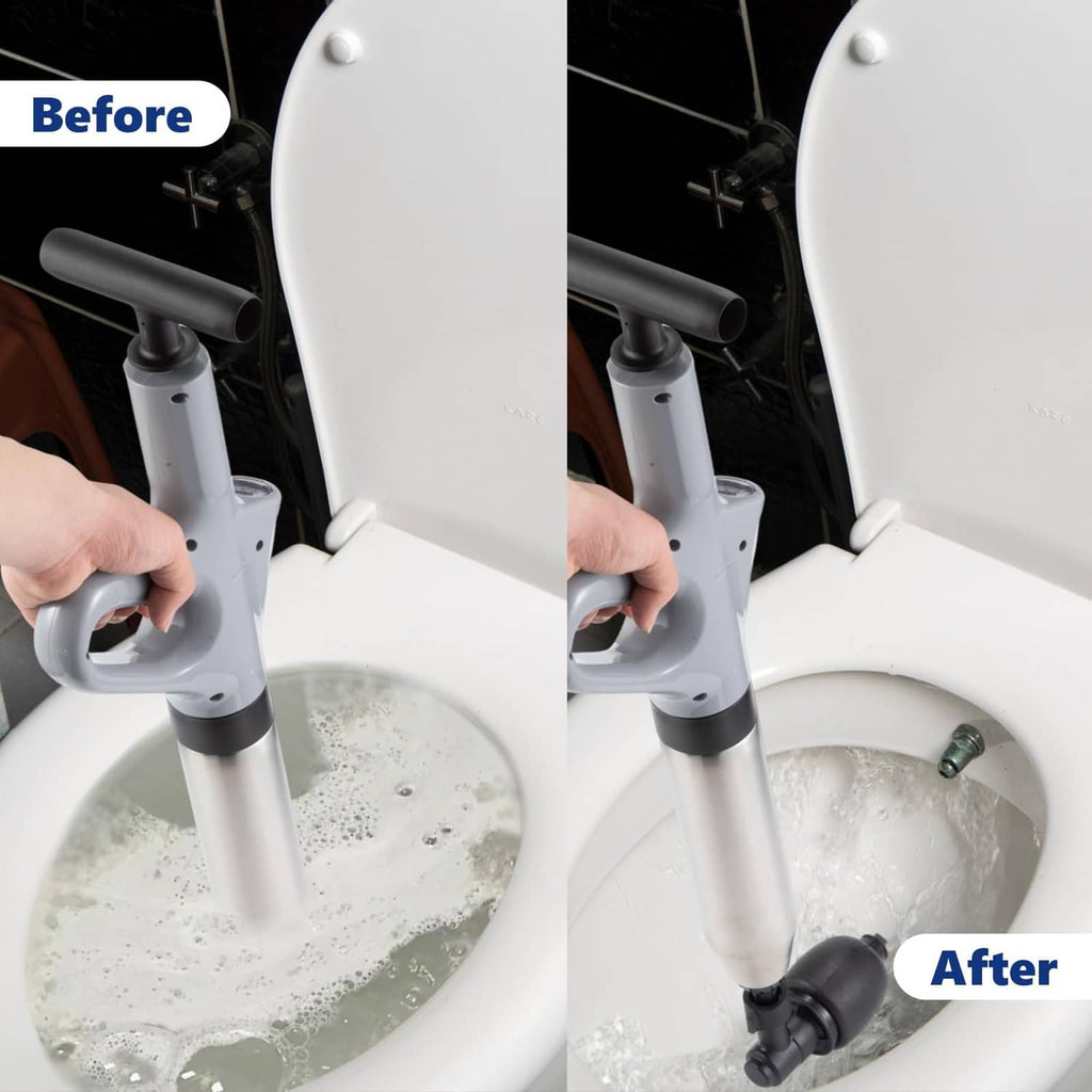 Gray toilet air plunger nozzle positioned on a toilet drain for cleaning