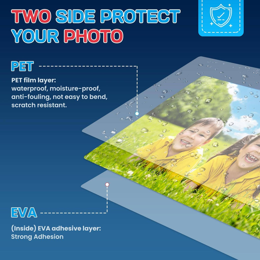 Two-sided clear laminating sheet protecting printed photo with PET and EVA layers