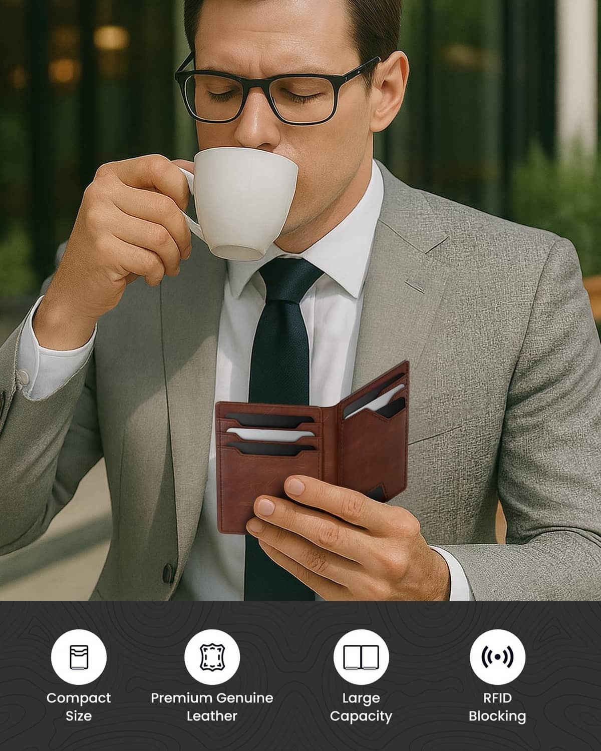 Brown leather card wallet held in hand with suit pocket style on a man.