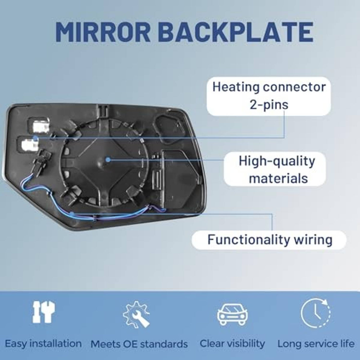 Driver side mirror backplate with heating connector and wiring details