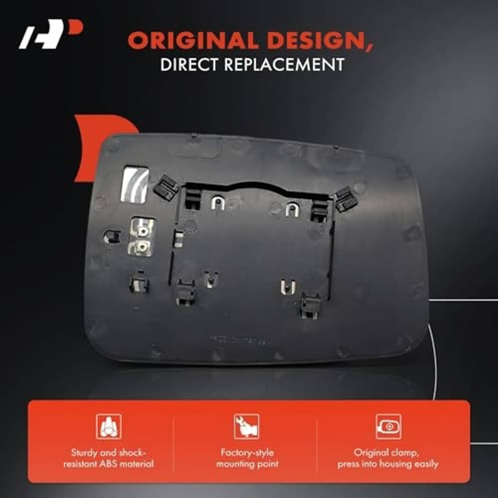 Heated mirror glass backing plate with mounting tabs and wiring connector cutouts