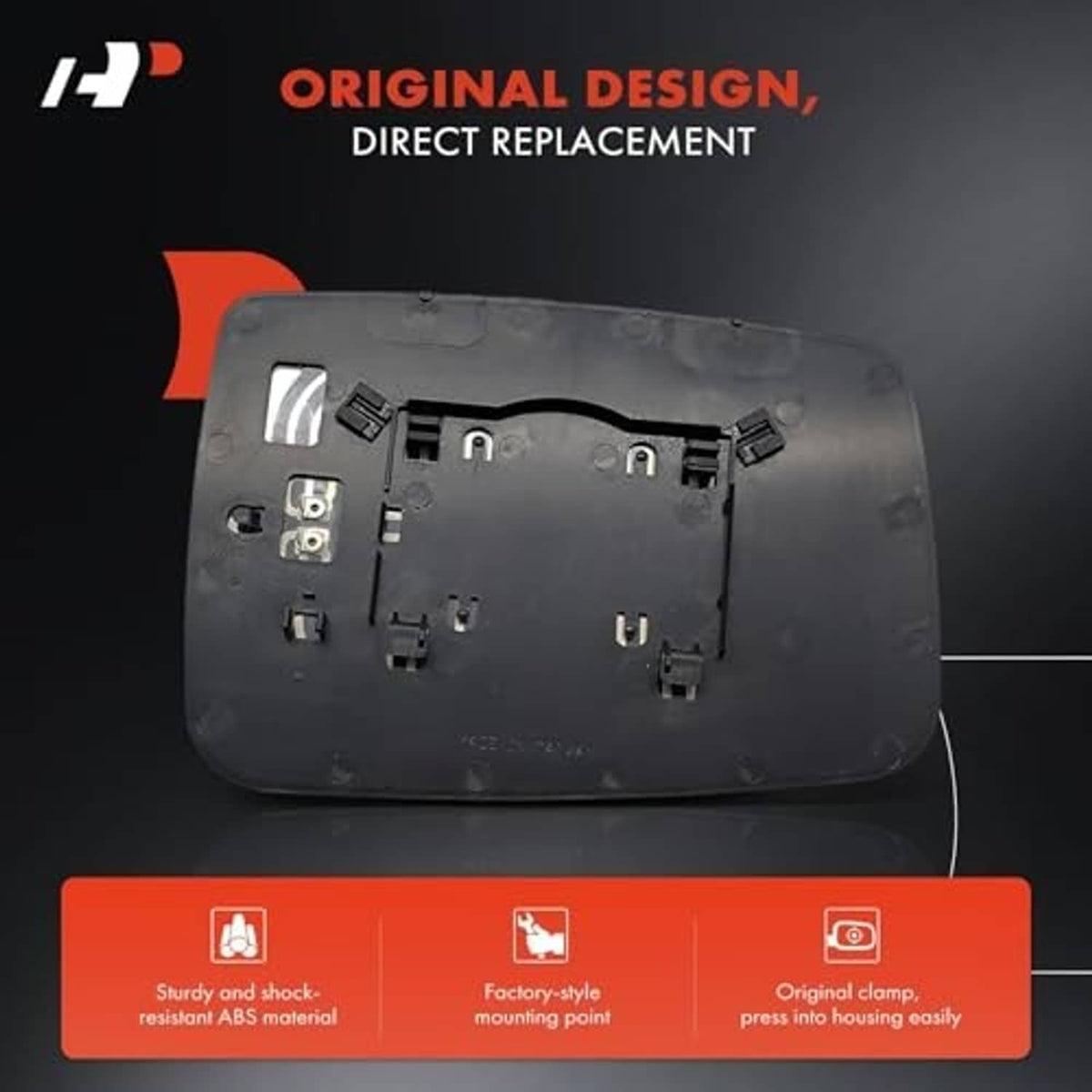 Heated mirror glass backing plate with mounting tabs and wiring connector cutouts