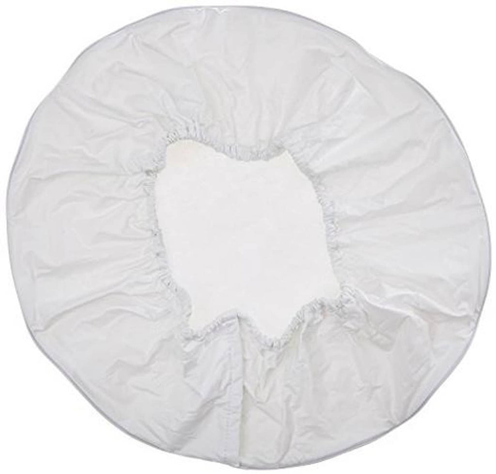 White spare tire cover with central reinforced patch and gathered vinyl