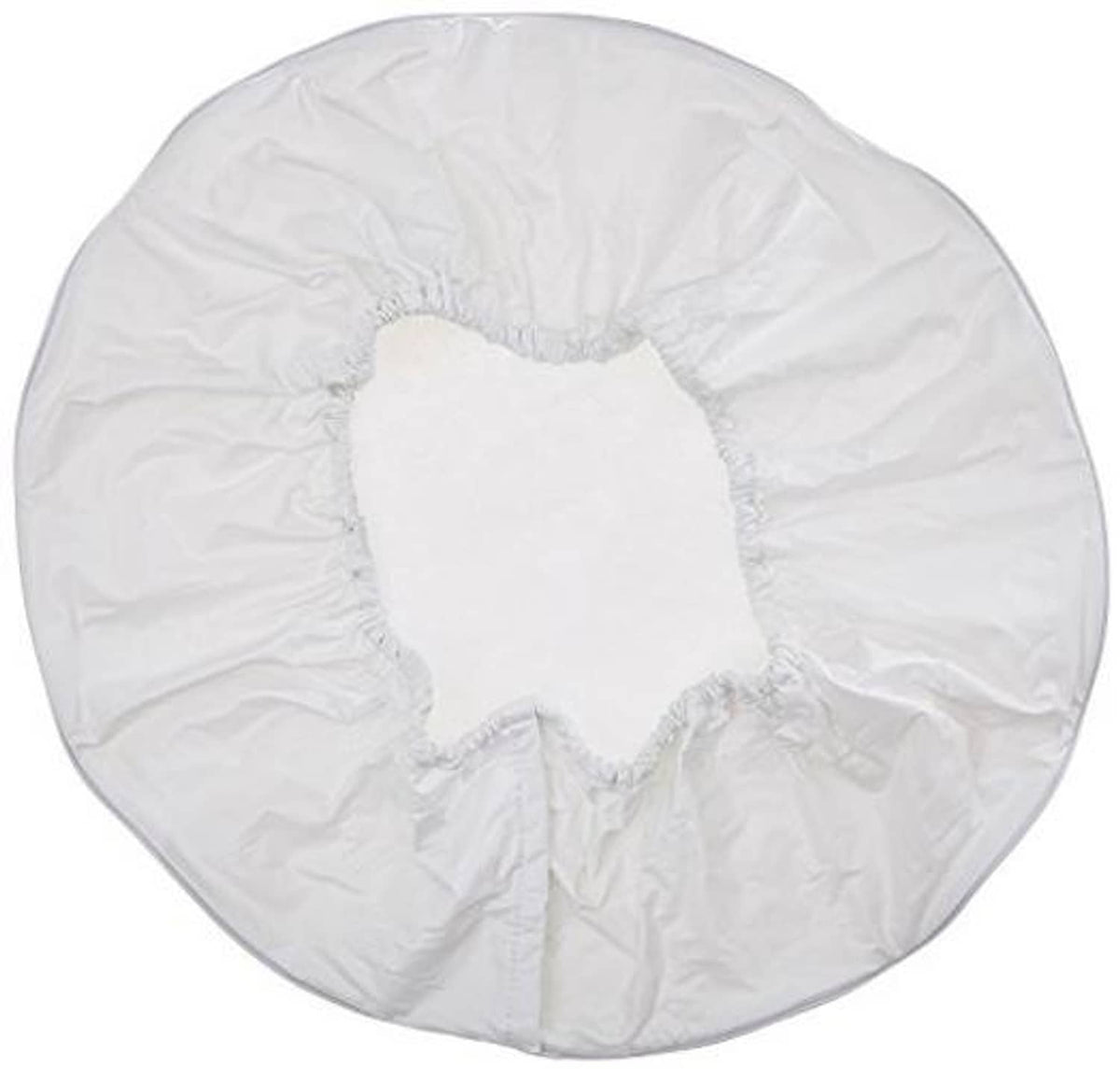 White spare tire cover with central reinforced patch and gathered vinyl