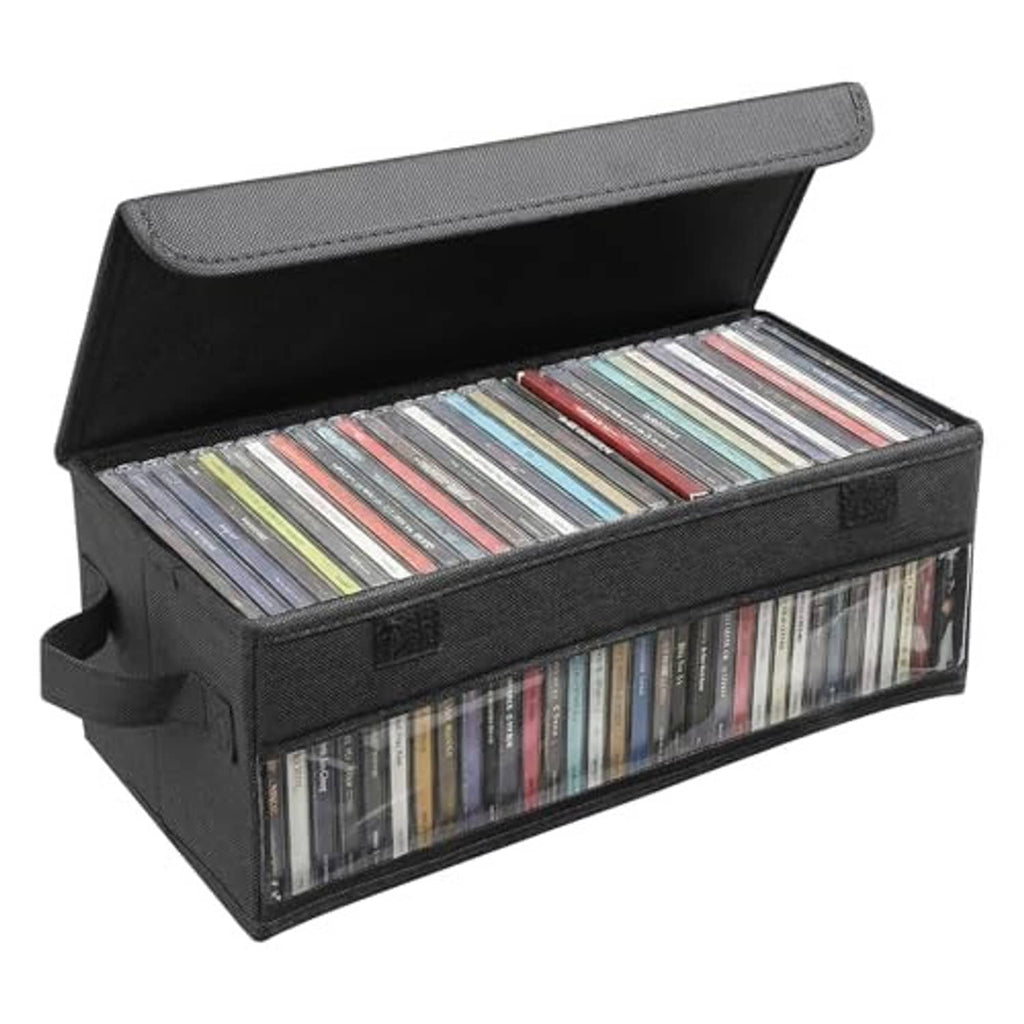 Black CD case holder with flip-top lid, handle, and clear window showing CDs