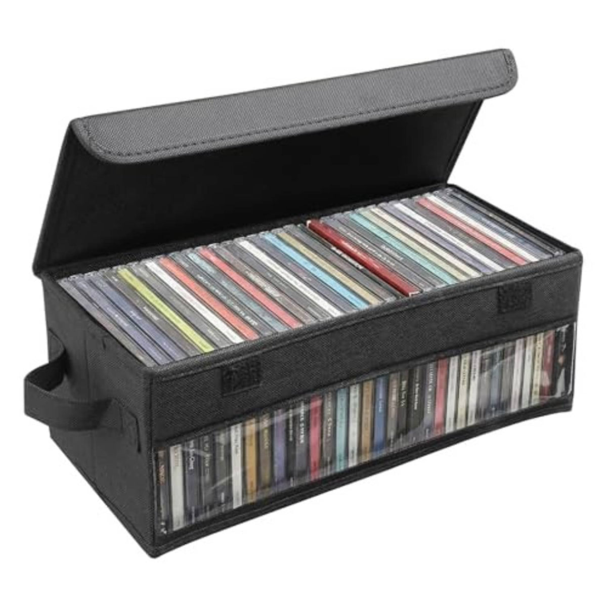 Black CD case holder with flip-top lid, handle, and clear window showing CDs