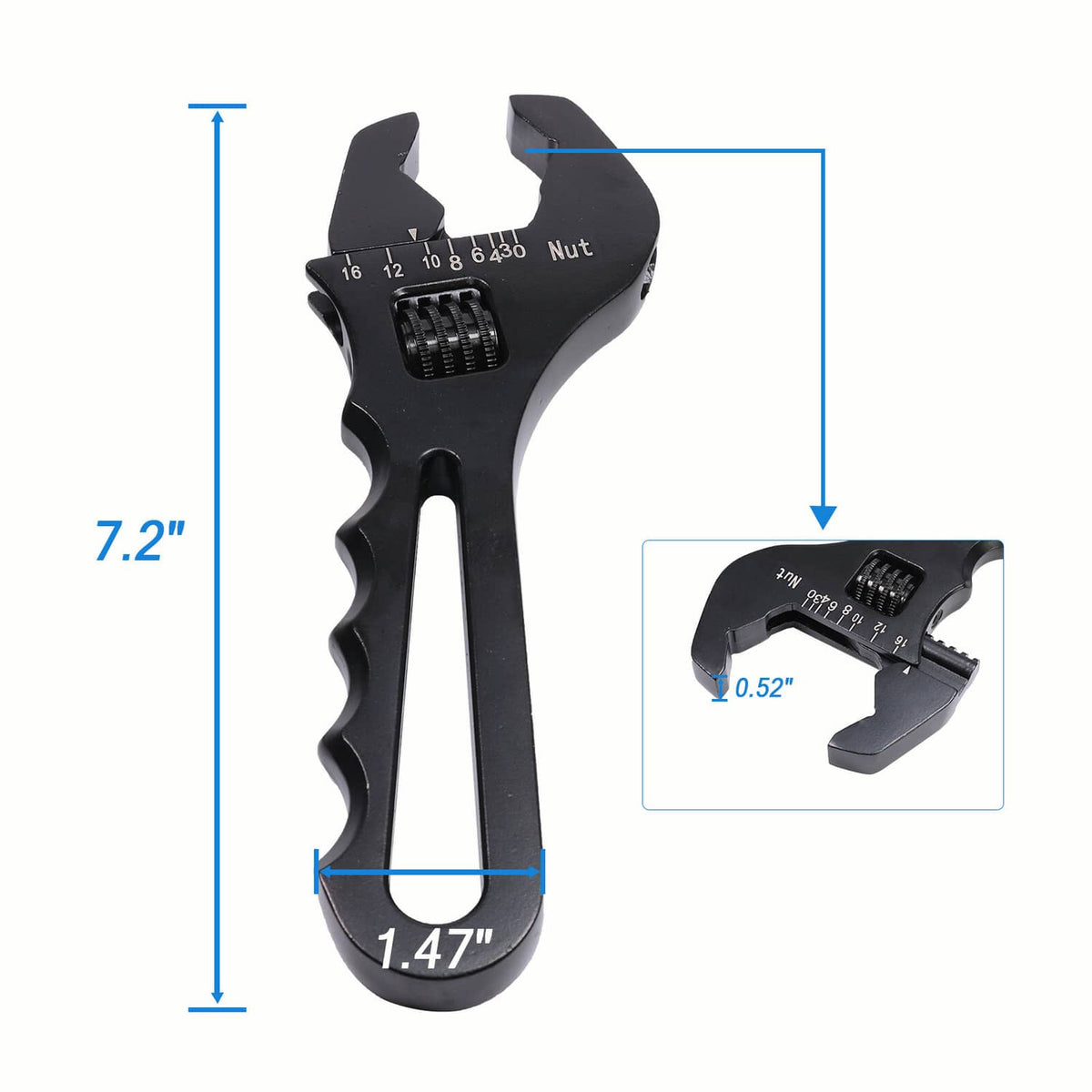 Black adjustable hose fitting wrench with jaw scale and measurement markings