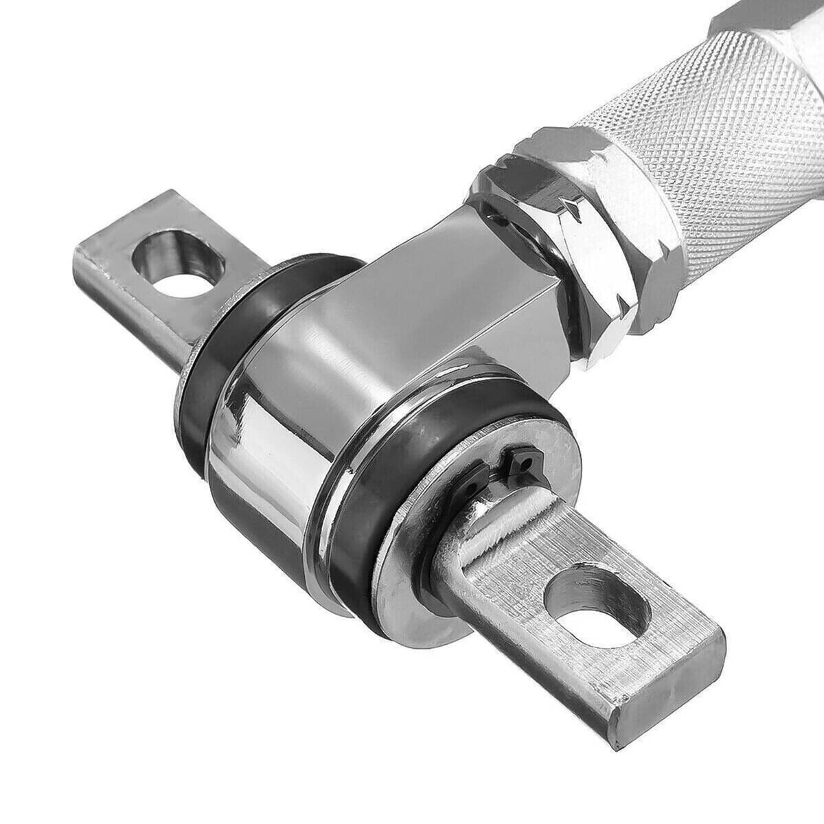 Camber control arm bushing mount with chrome rod and metal bracket tab