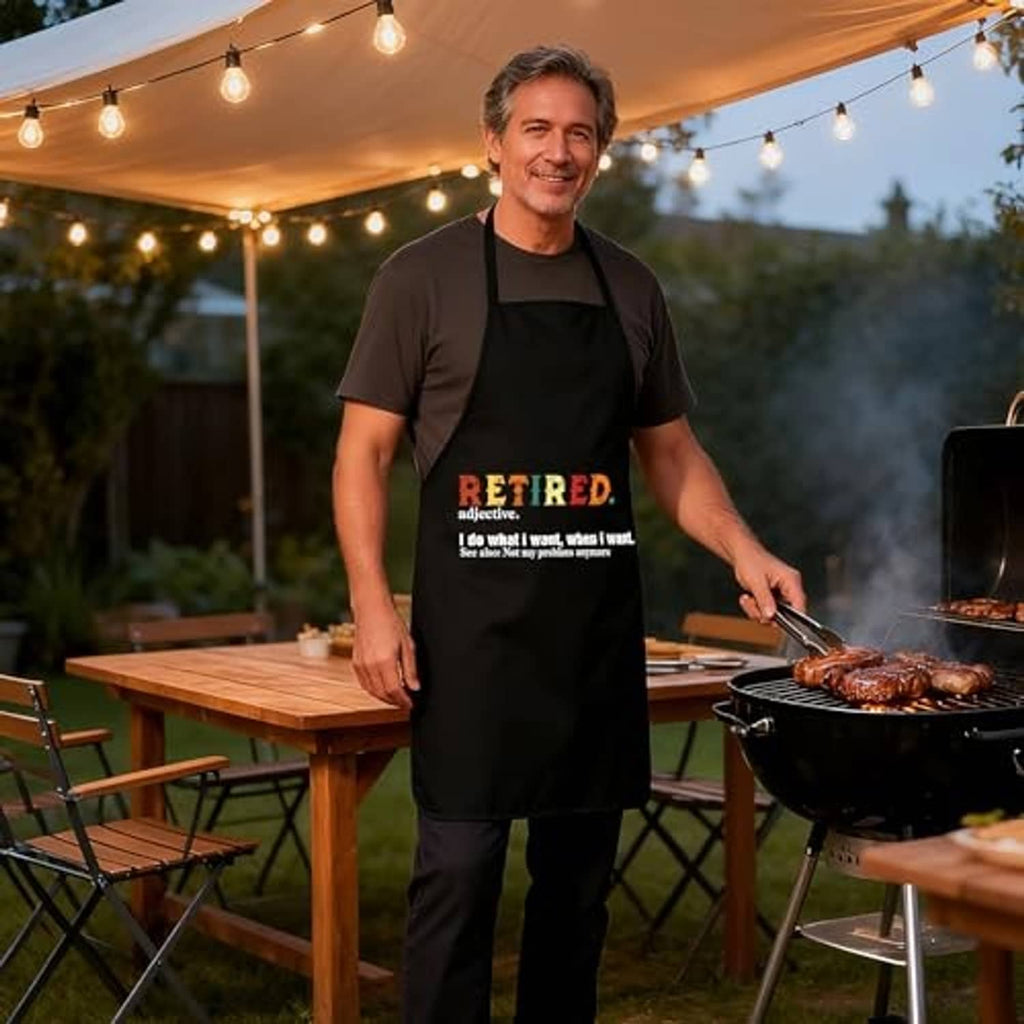 Black sleeveless apron worn by man with 'RETIRED' slogan on the front