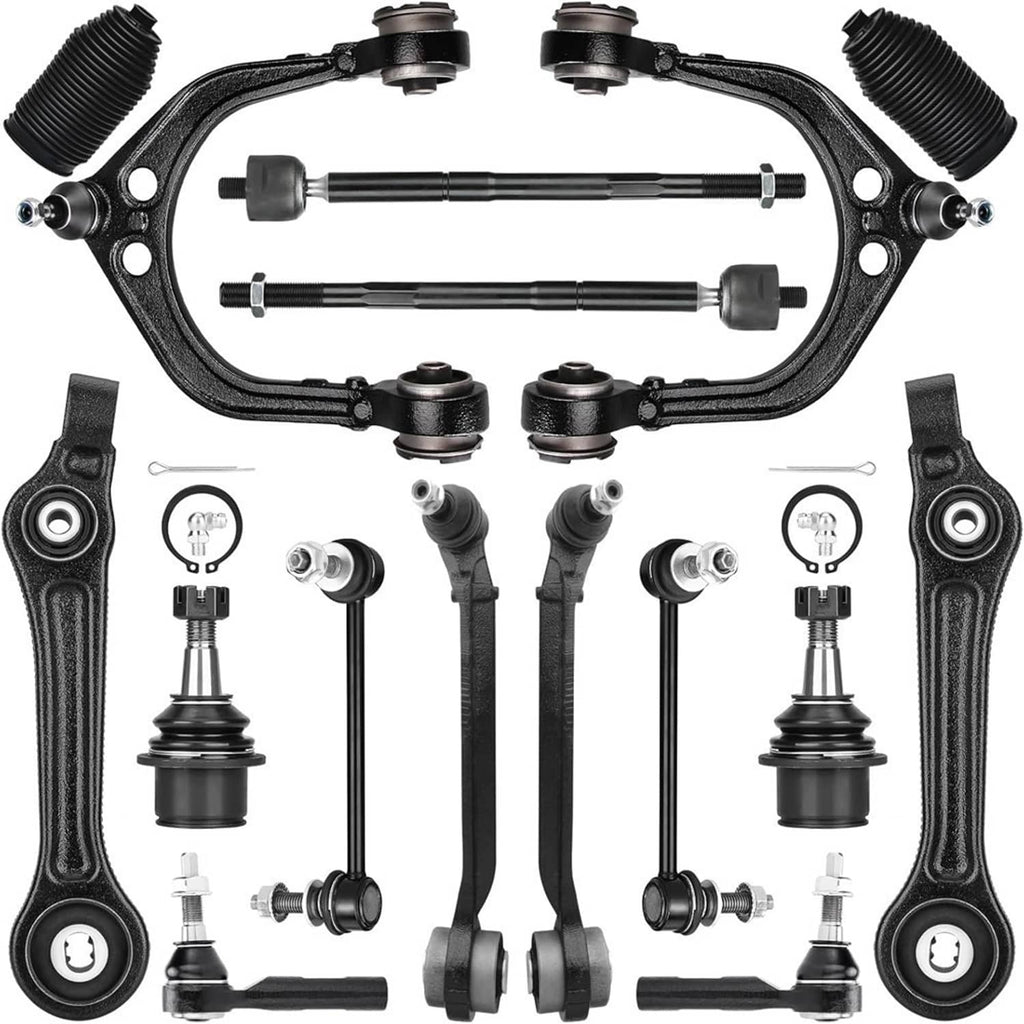 Front suspension control arm kit assembly with bushings, tie rods, and ball joints