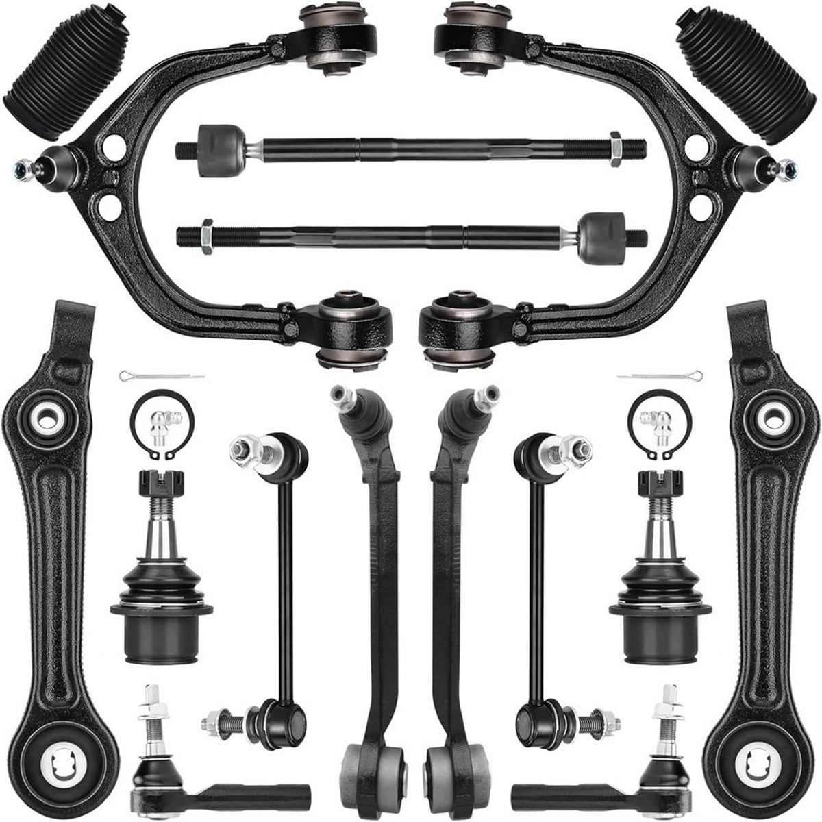 Front suspension control arm kit assembly with bushings, tie rods, and ball joints