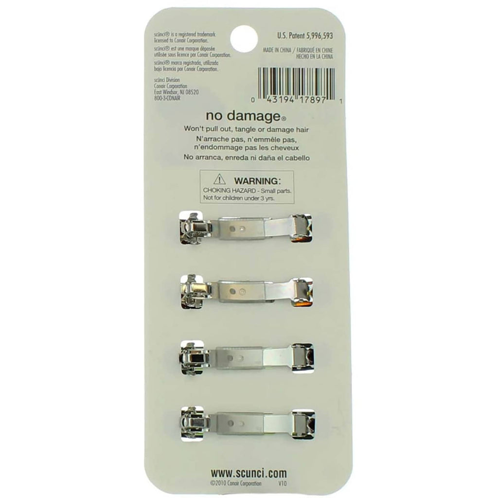 Scunci no-slip grip auto clasp barrettes, 4 pack; four silver clips with gray base