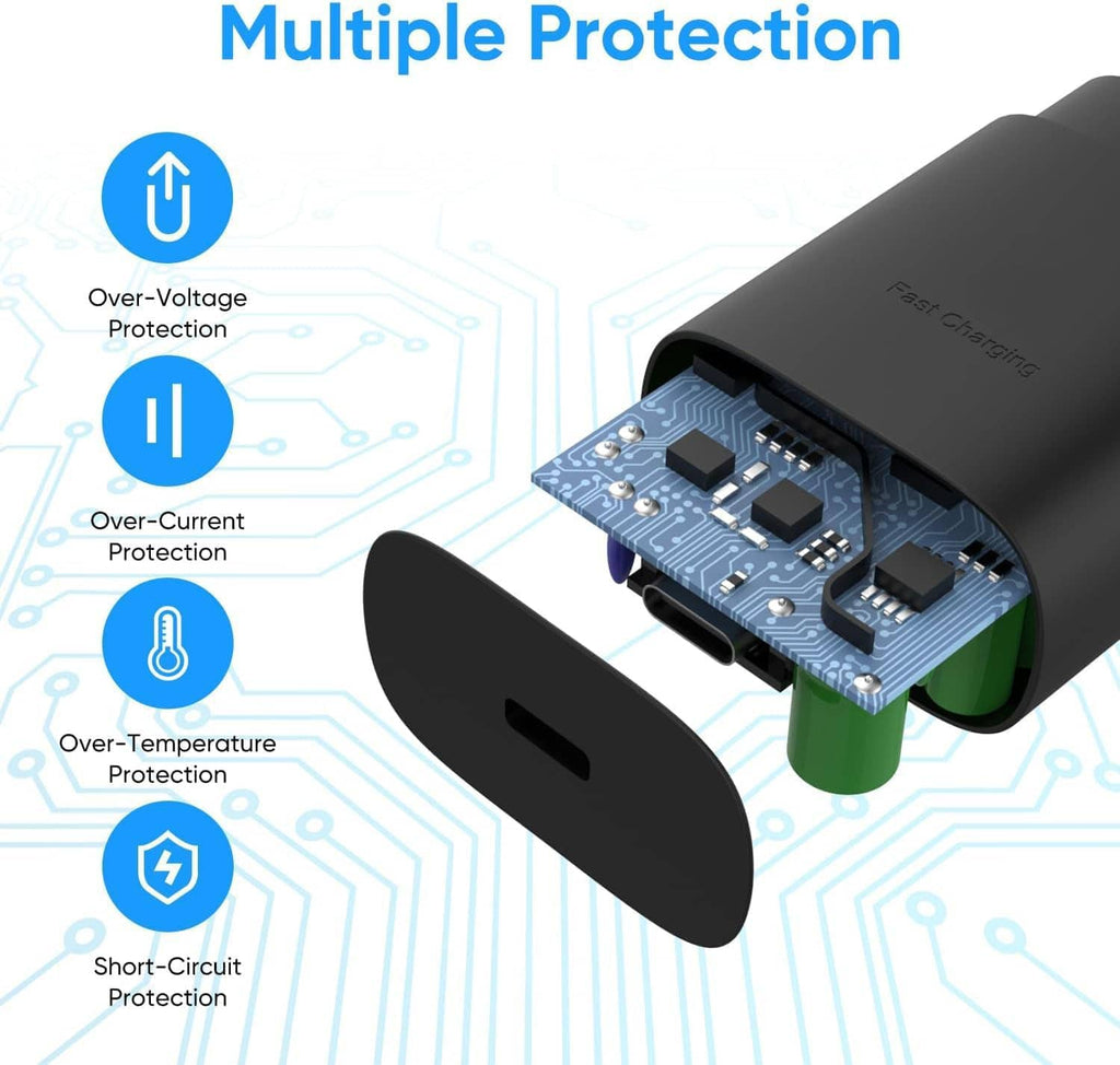 Black USB-C wall charger with visible internal circuit board details