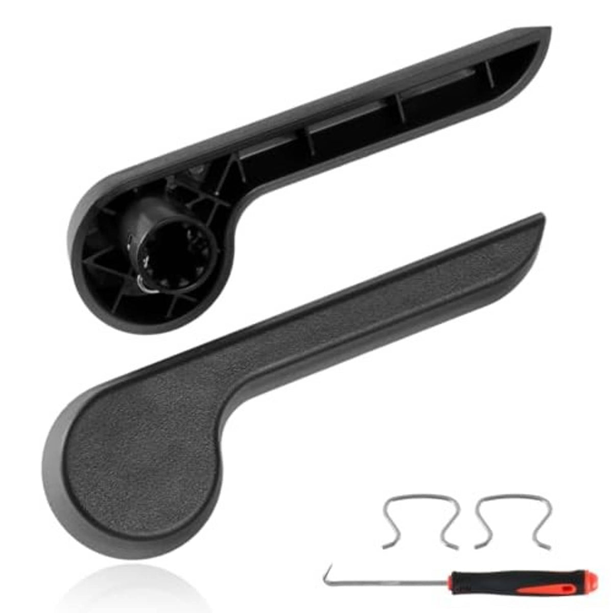 Black plastic seat recliner handle levers, textured grip and open end, with small tool