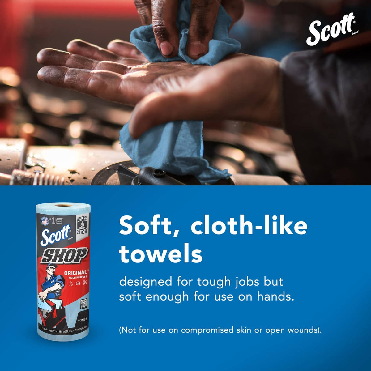 Blue cloth-like shop towel in hand, Scott Original multi-purpose cleaning wipe.