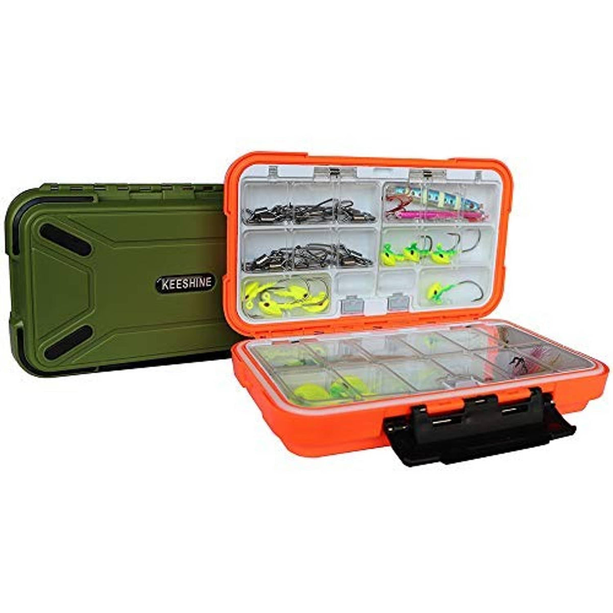 Orange floating tackle box open with clear lid, divided compartments, and fish lures