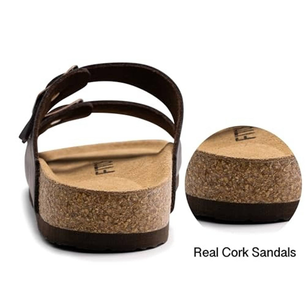 Mocha men's cork slide sandals with adjustable buckle straps, heel and footbed view