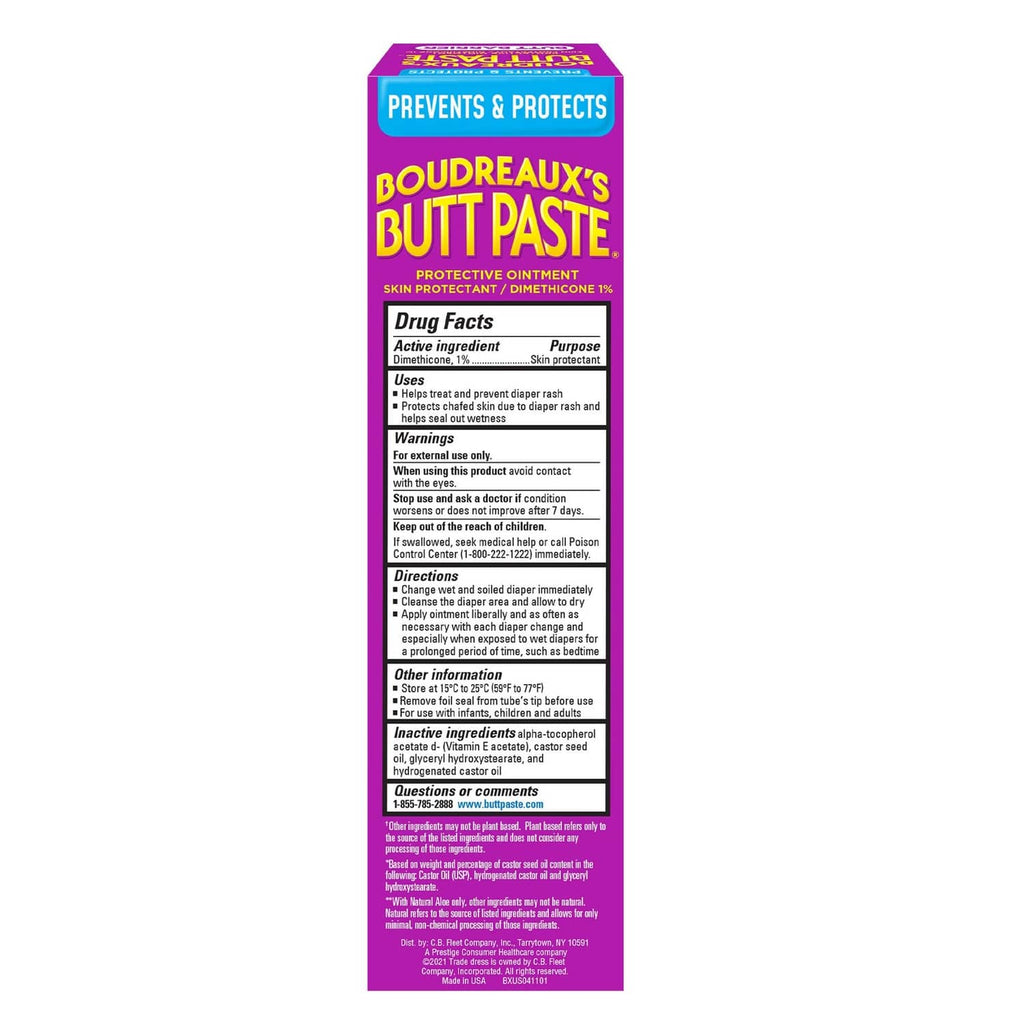 Butt Paste ointment back panel with Drug Facts text on purple tube