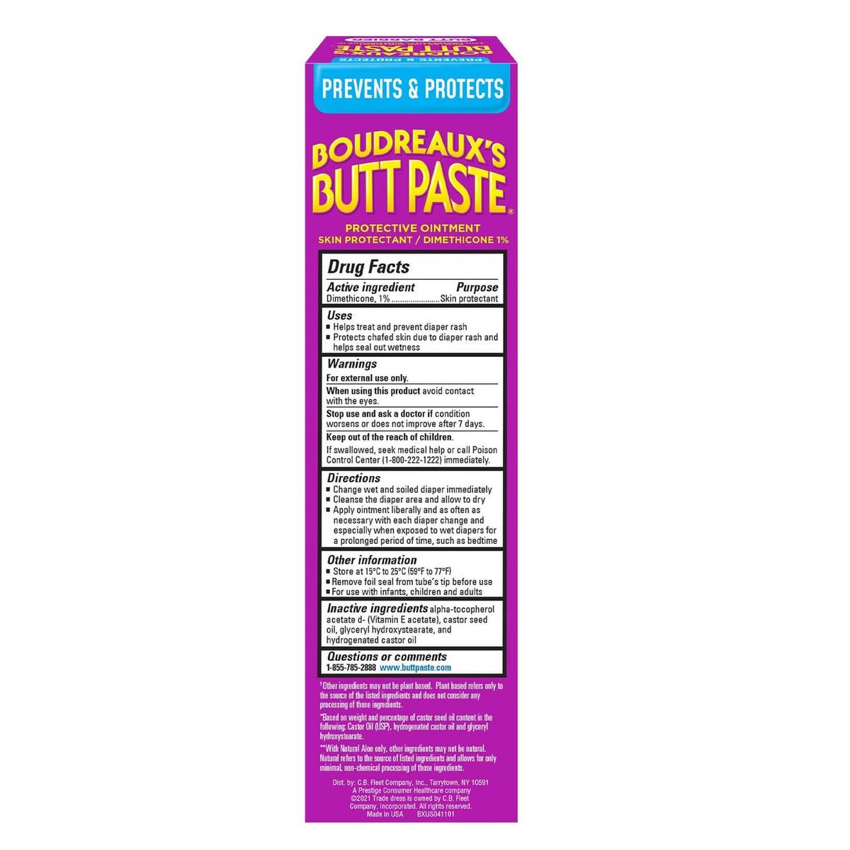 Butt Paste ointment back panel with Drug Facts text on purple tube