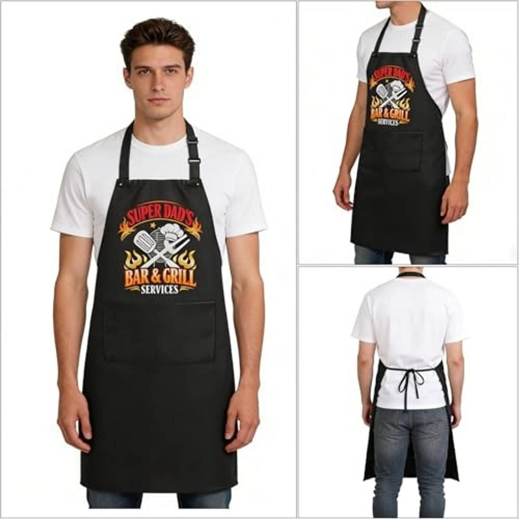 Black grilling apron front and back view, adjustable neck strap and tie-back waist