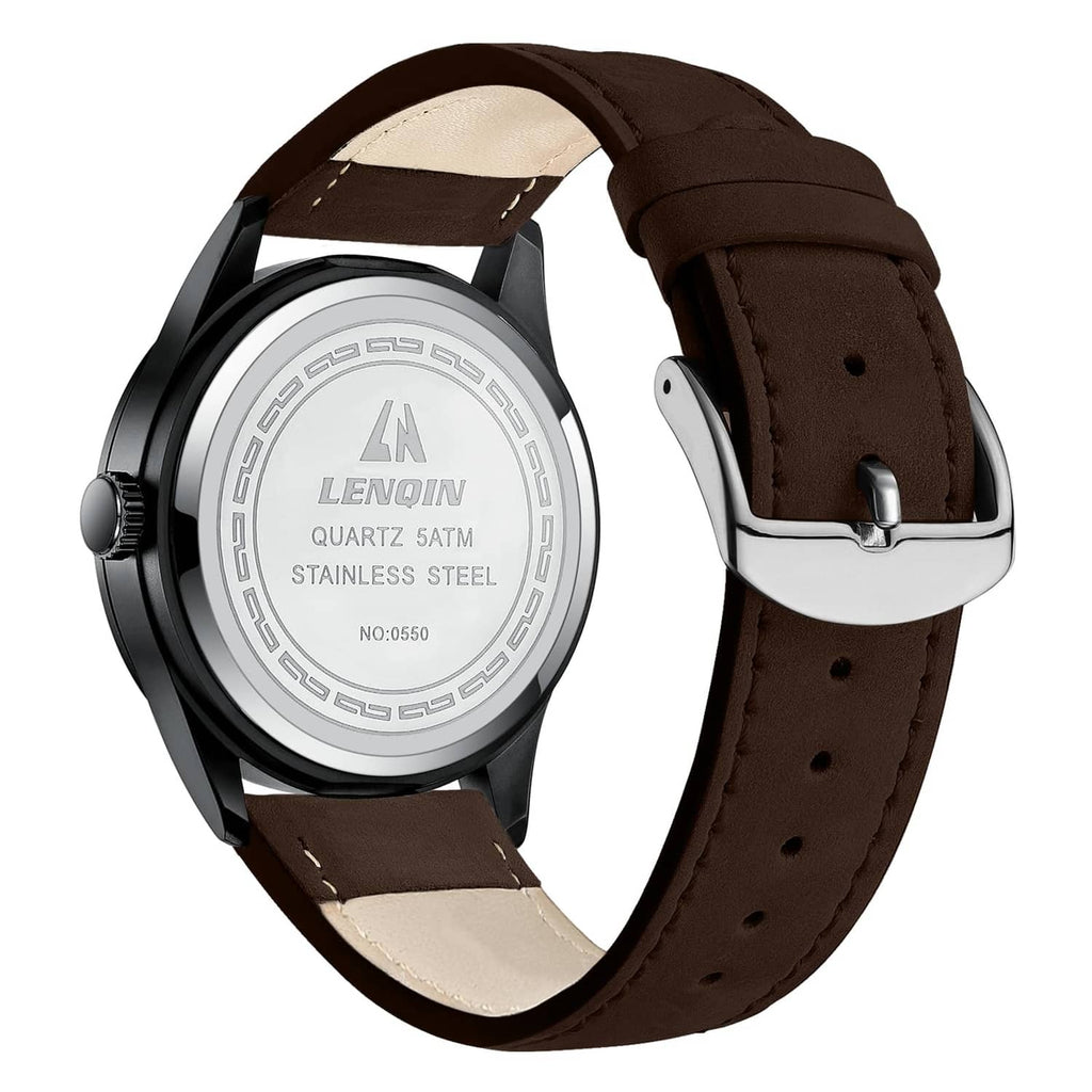 Back of men's analog watch with stainless steel case and brown leather strap