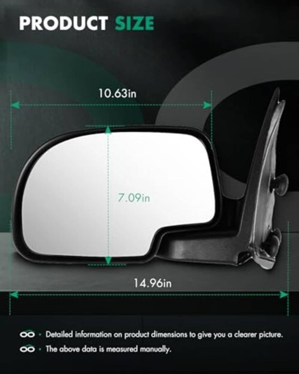 Driver-side mirror dimensions: 14.96 in wide, 10.63 in tall, 7.09 in depth.