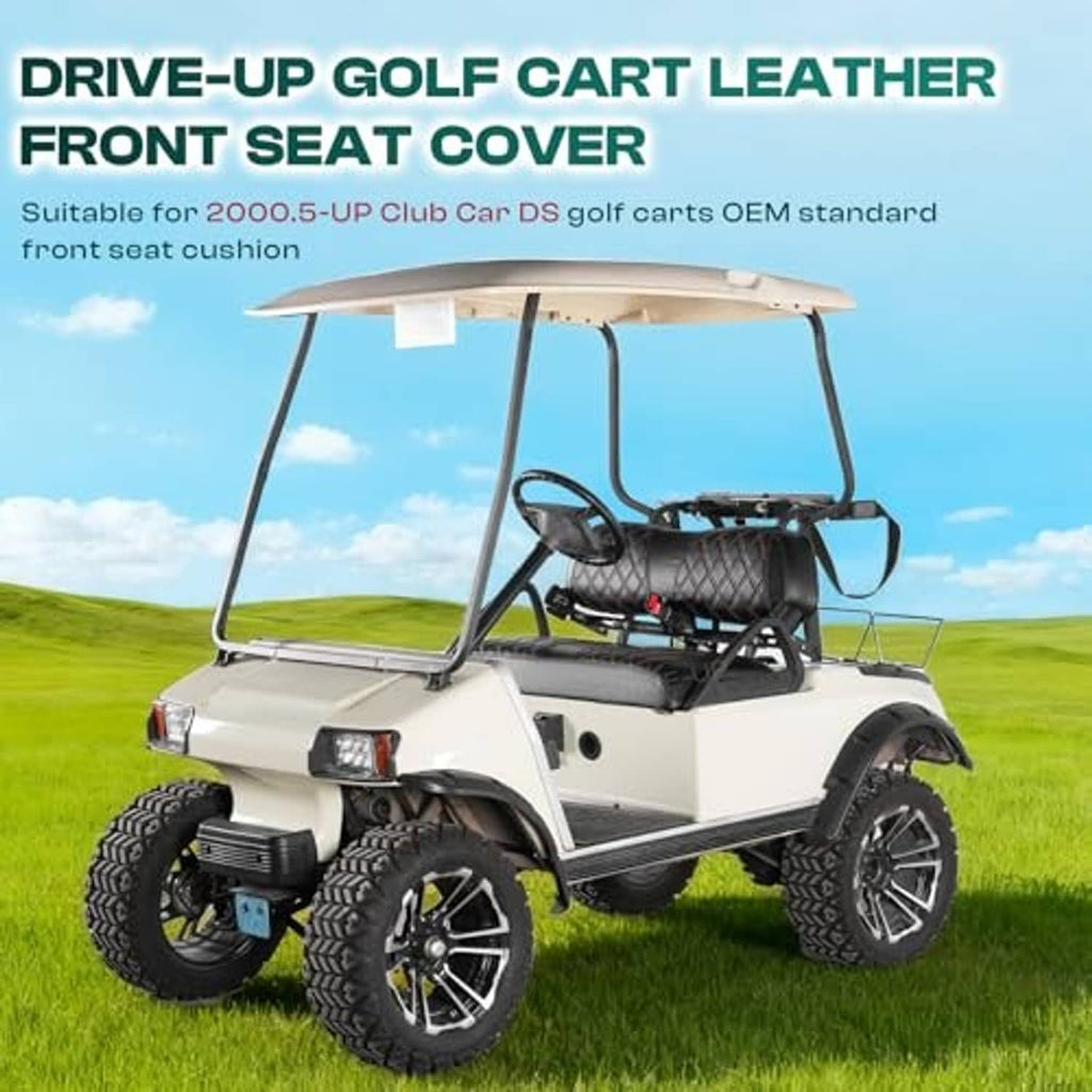 Golf cart front seat cover in black with diamond quilt pattern and brown contrast stitching