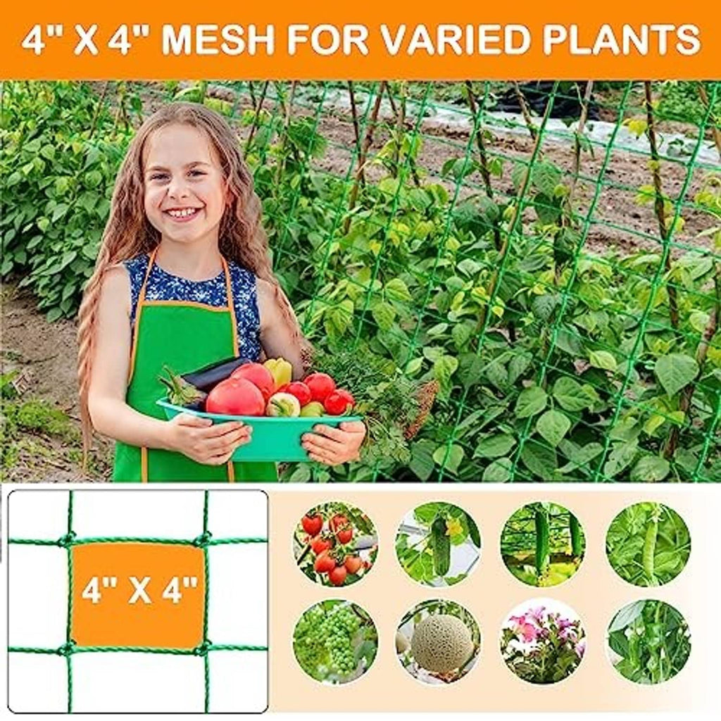 Green trellis netting with 4 x 4 mesh squares for varied plants