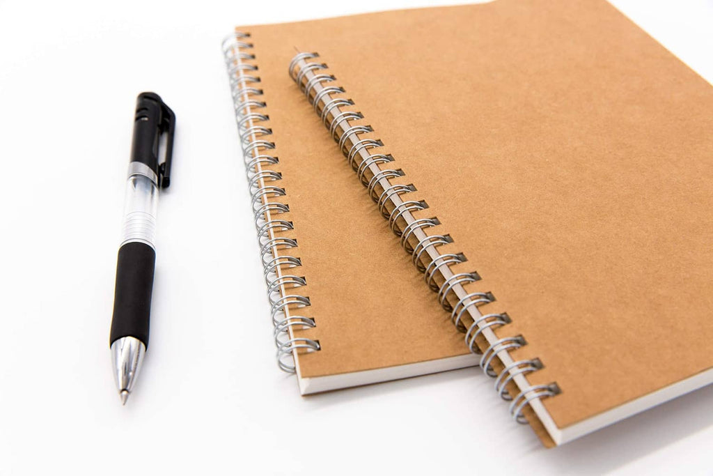 Kraft brown spiral notebook journal 2-pack with wire binding, blank pages, pens.
