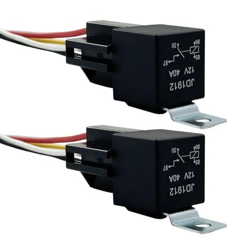 Two 4-pin relays with harness, black housing, and silver mounting feet
