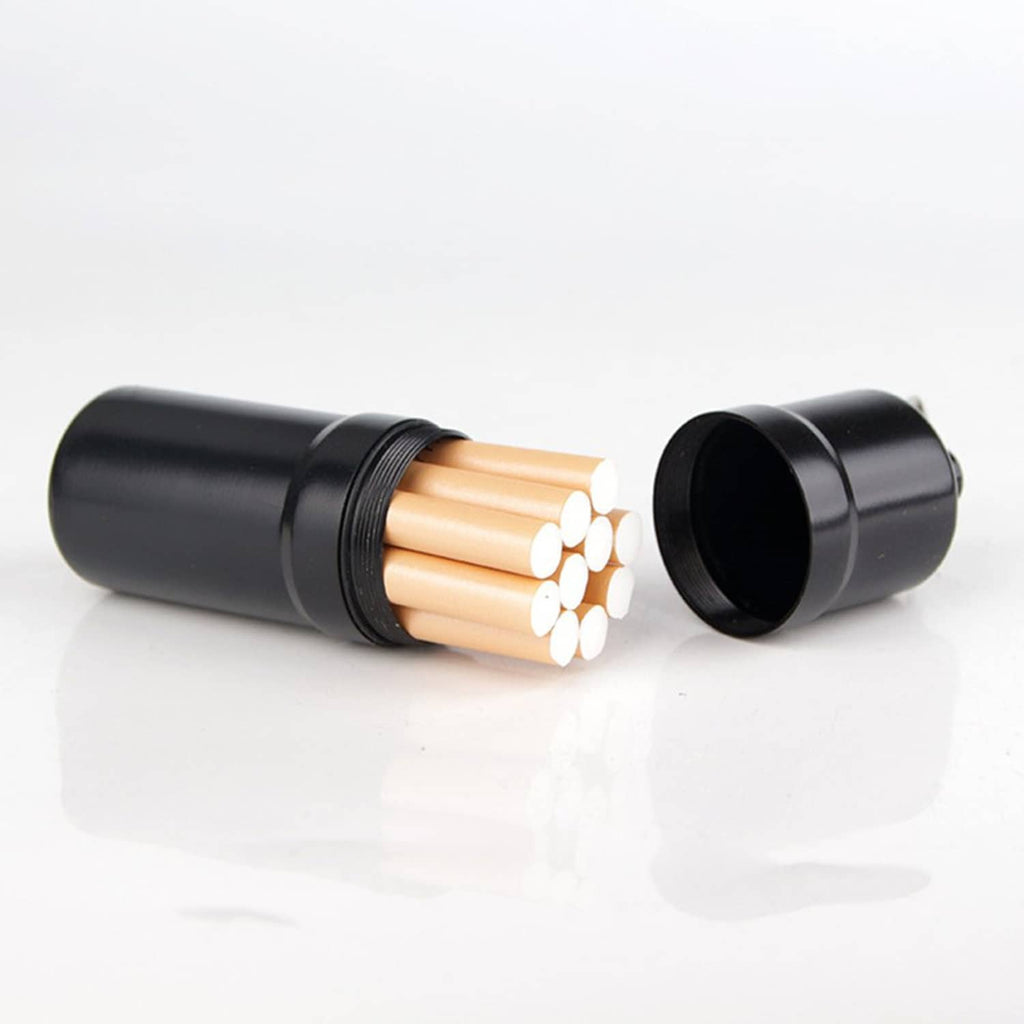 Black round cigarette case opened, showing stacked cigarettes inside